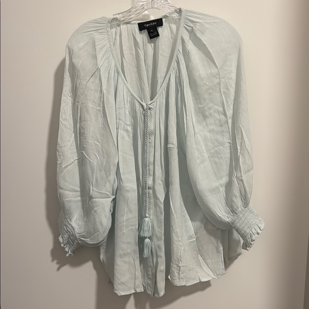Karen Kane Pastel Teal Blue Button-Down Blouse with 3/4 Sleeves